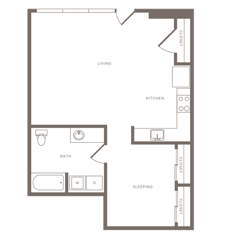Floor plan for 1 bed, 1 bath, 800 sqft